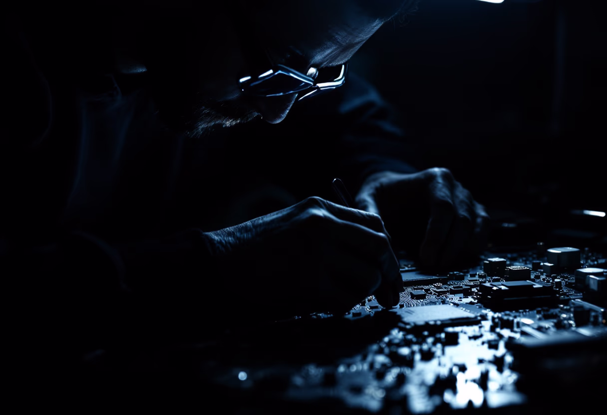 Technician performing a precision electronics repair